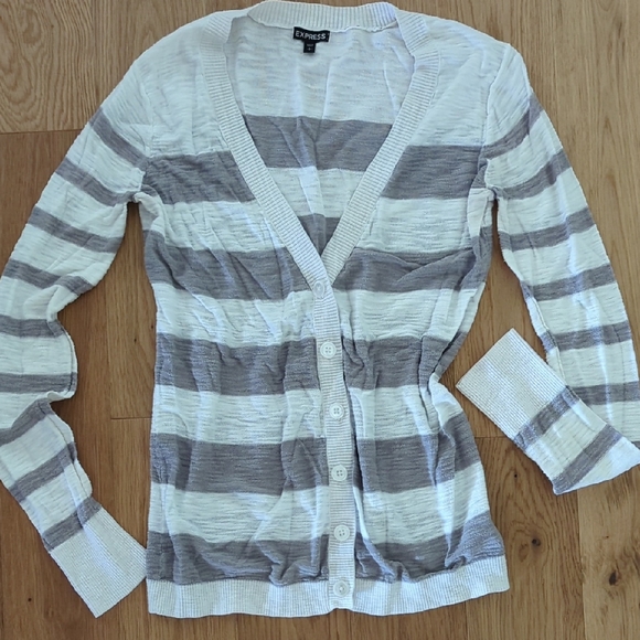 3/$15 Express Gray and Cream Striped Cardigan - Picture 1 of 4
